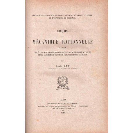 Cours de Mecanique Rationnelle a l'Usage des Eleves de l'Institut...